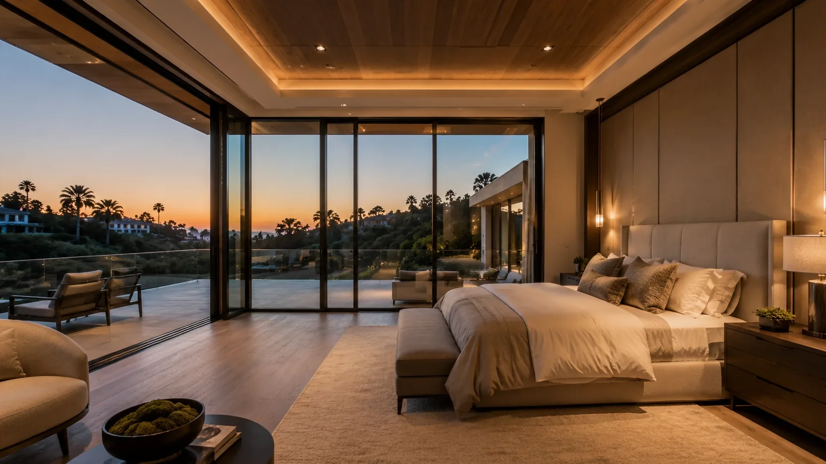 Primary bedroom with corner glass walls facing the sunset