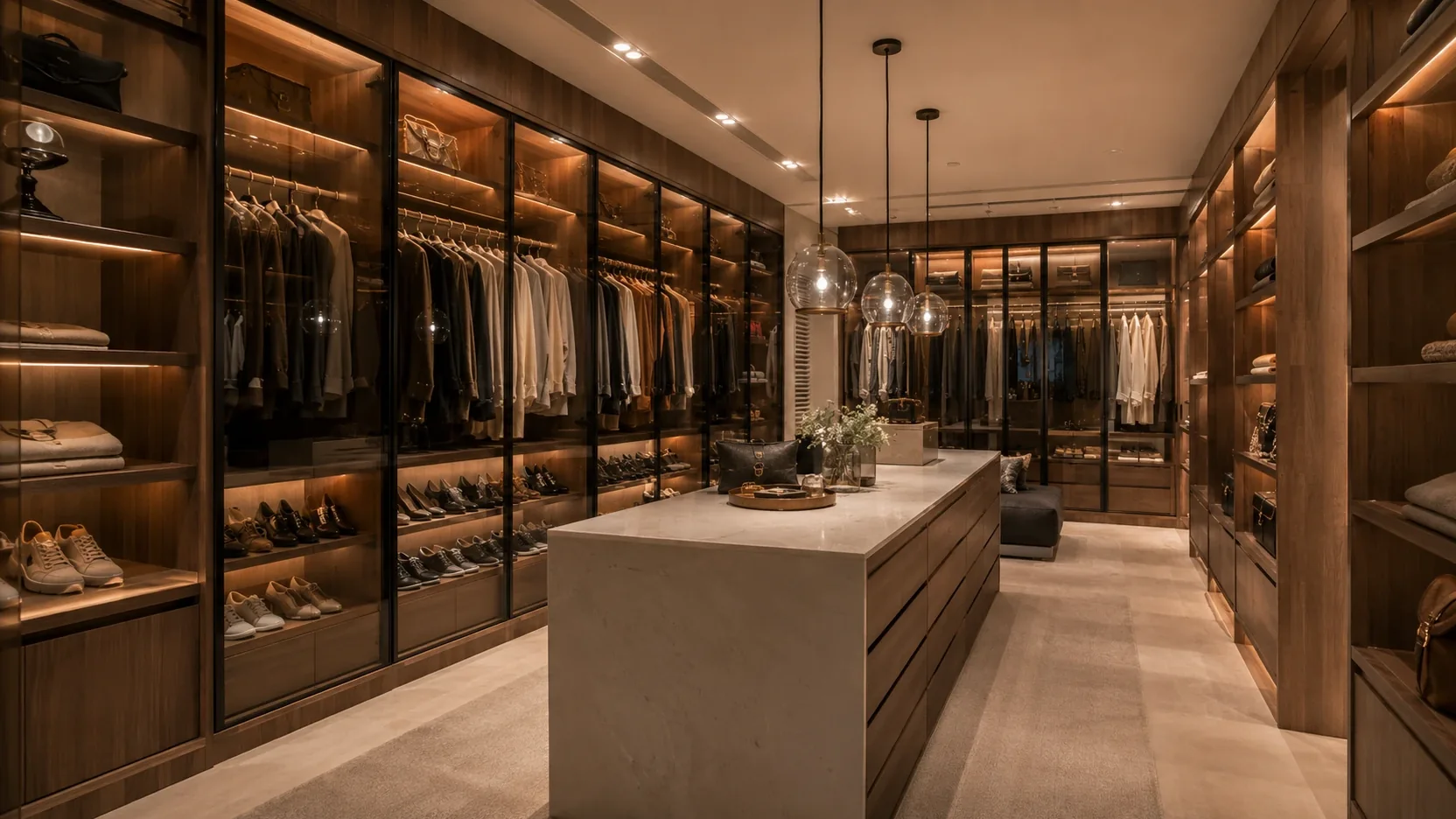 Boutique-style walk-in closet with glass wardrobes and marble island