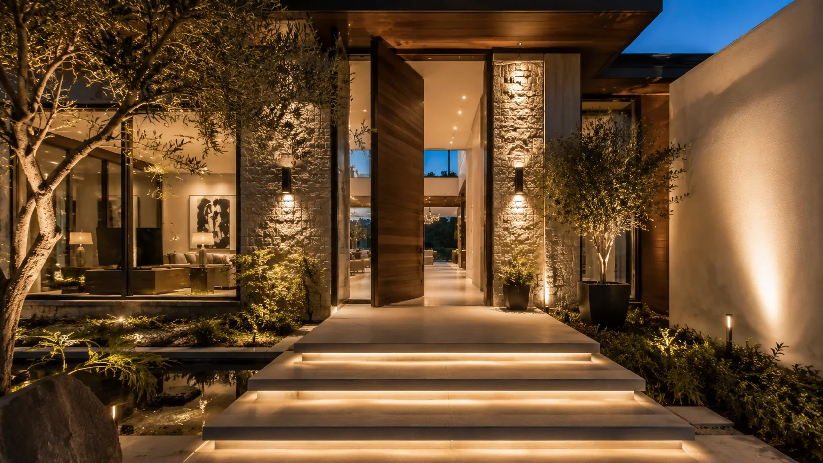 Entry walkway with floating steps, olive trees and a tall wooden pivot door