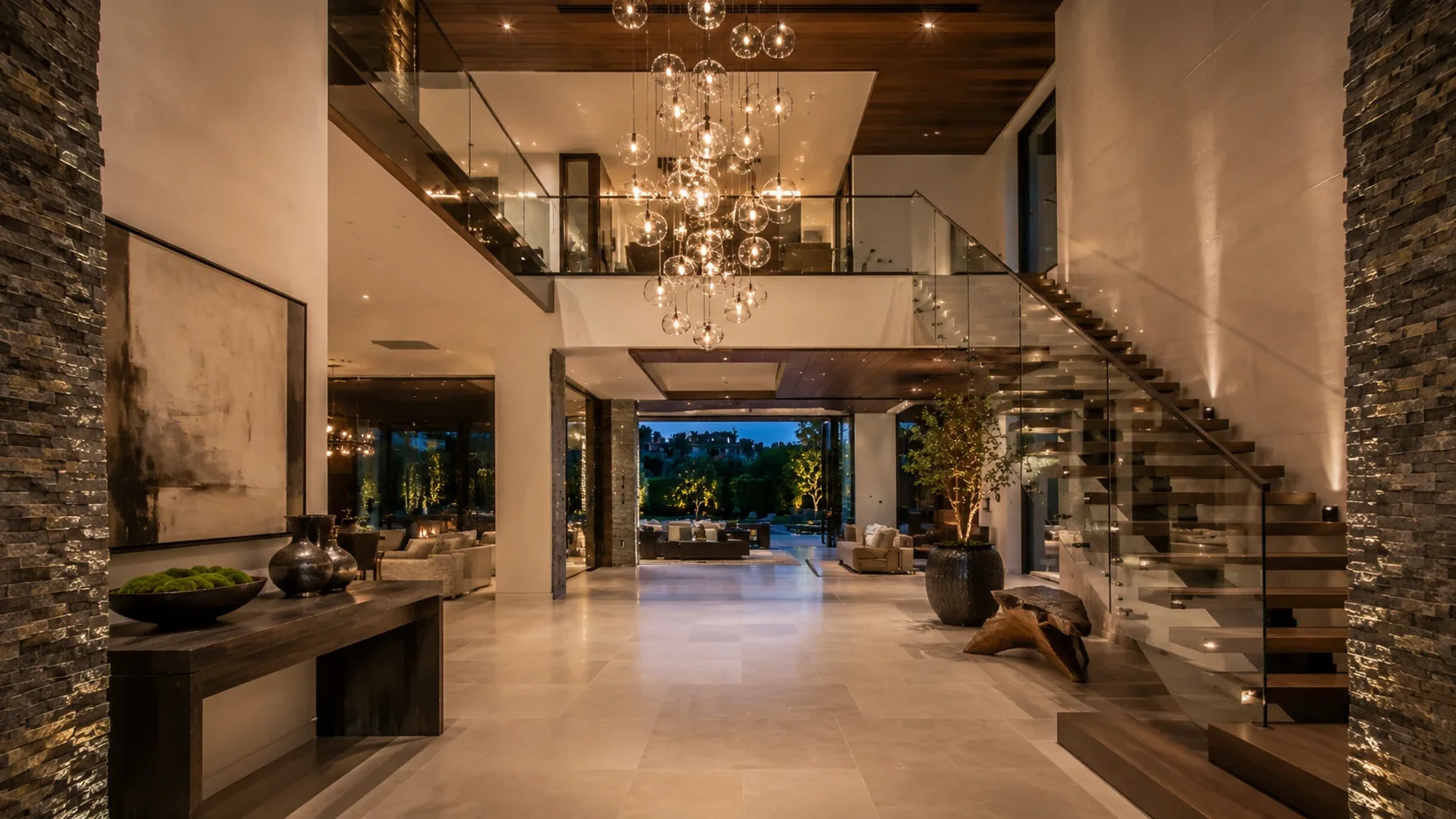Double height foyer with floating staircase
