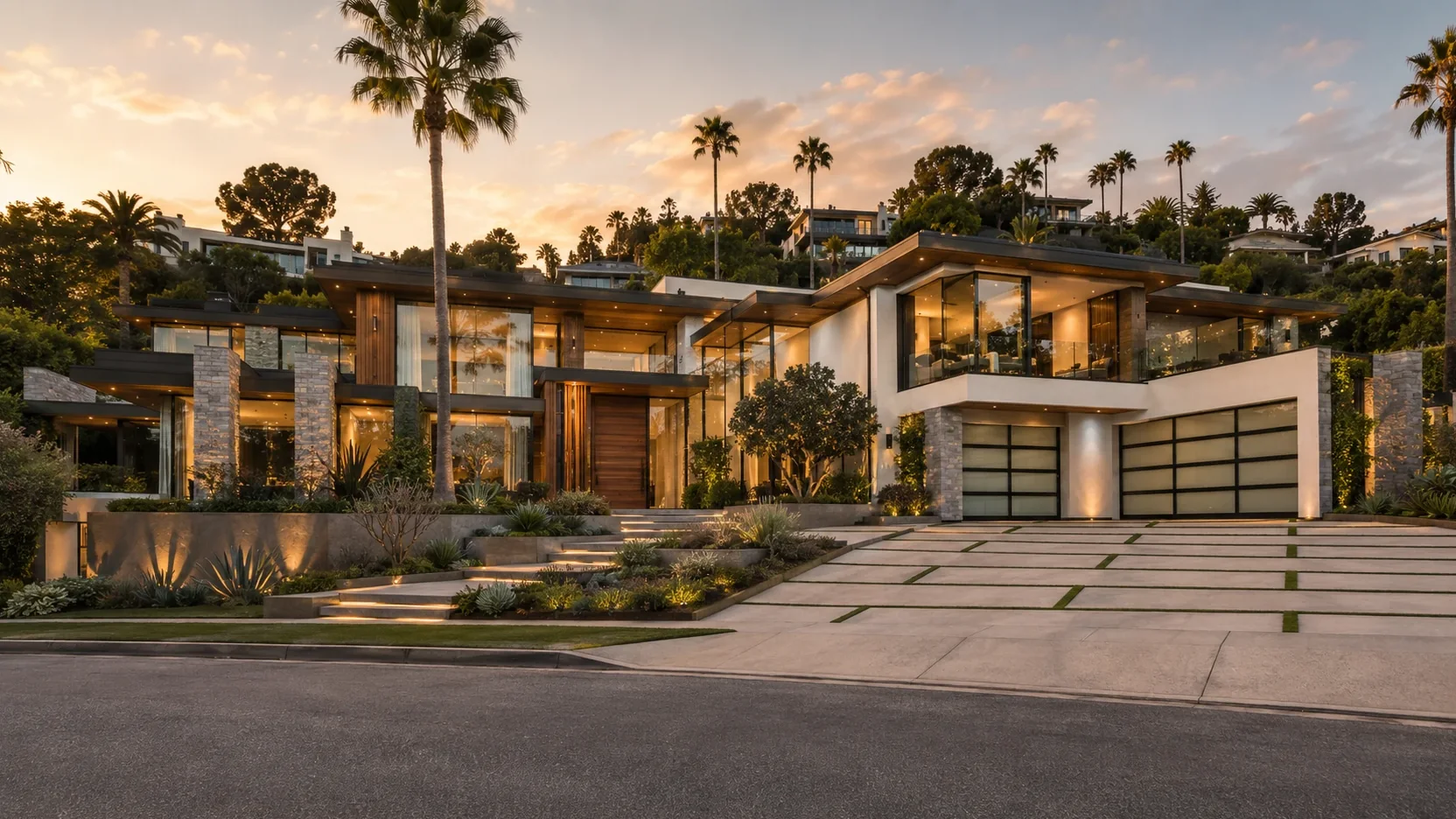 Finished custom home at sunset