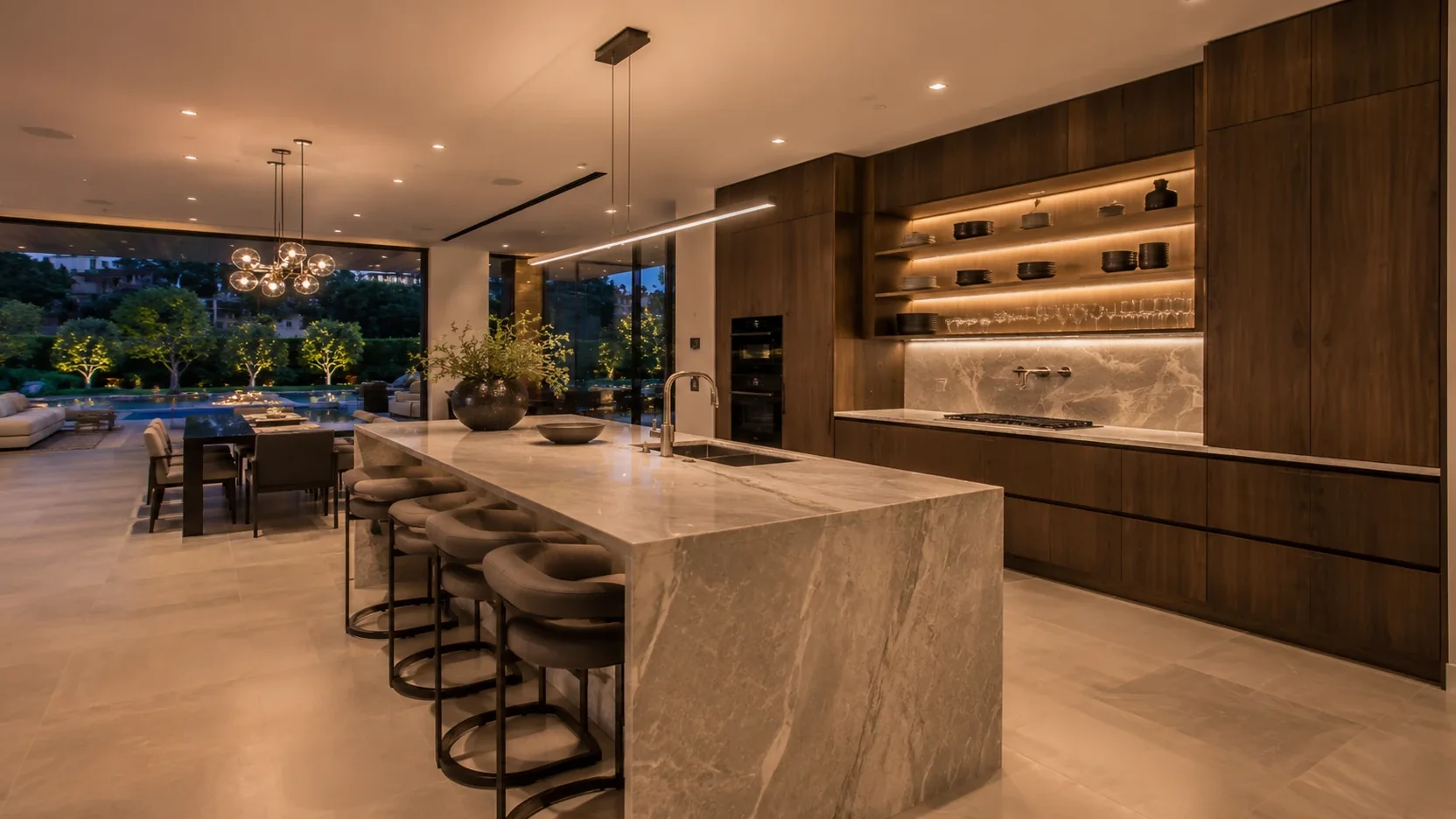 Designer kitchen with marble waterfall island and walnut cabinetry