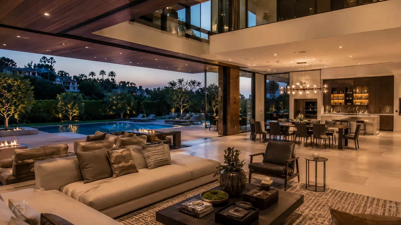Open-plan living room with glass walls sliding open to the pool terrace at dusk