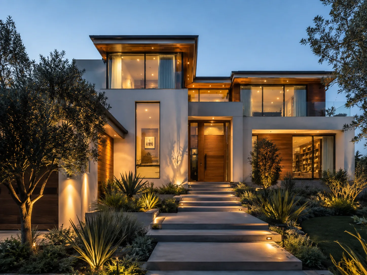 Front exterior of the Walnut House at dusk with olive trees and floating path lights