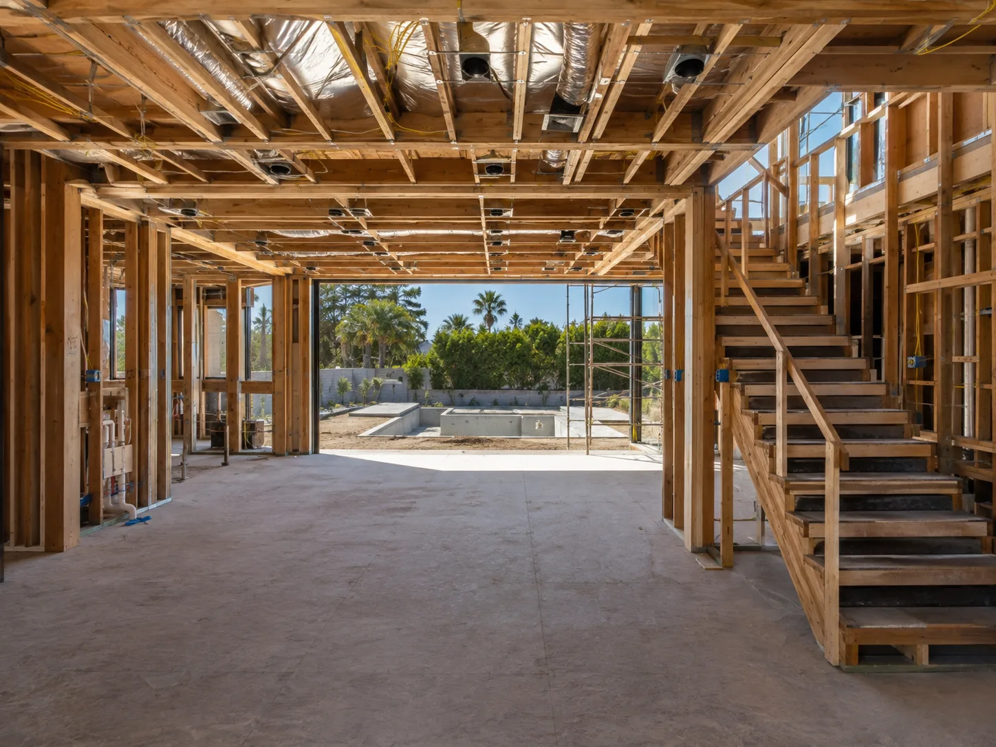 Interior framing with temporary stair before drywall