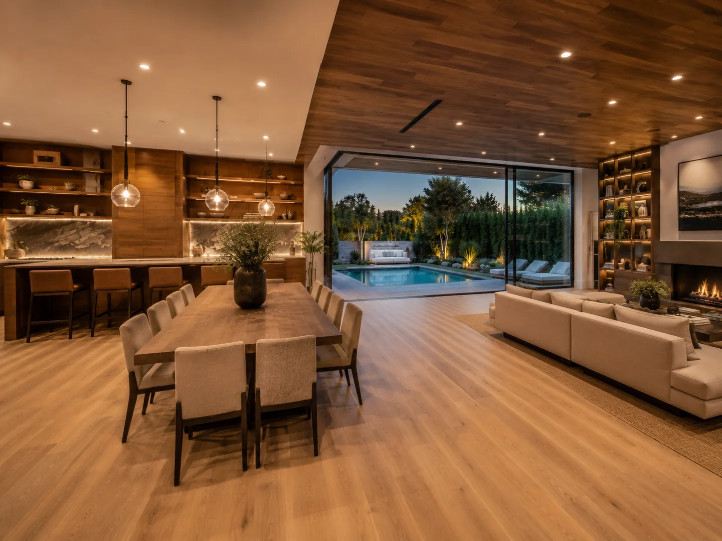 Dining and kitchen space in walnut with glass wall to the pool