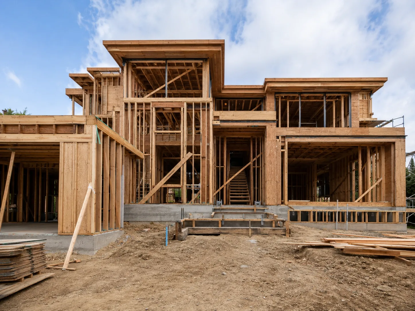 Full wood framing of the two-story house under construction