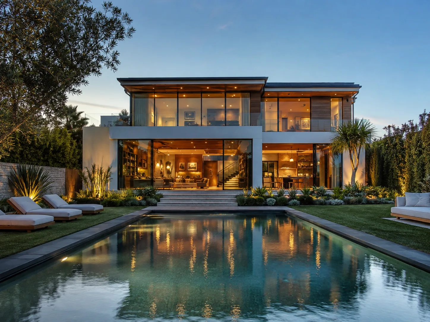 Backyard pool at dusk reflecting the glass rear elevation