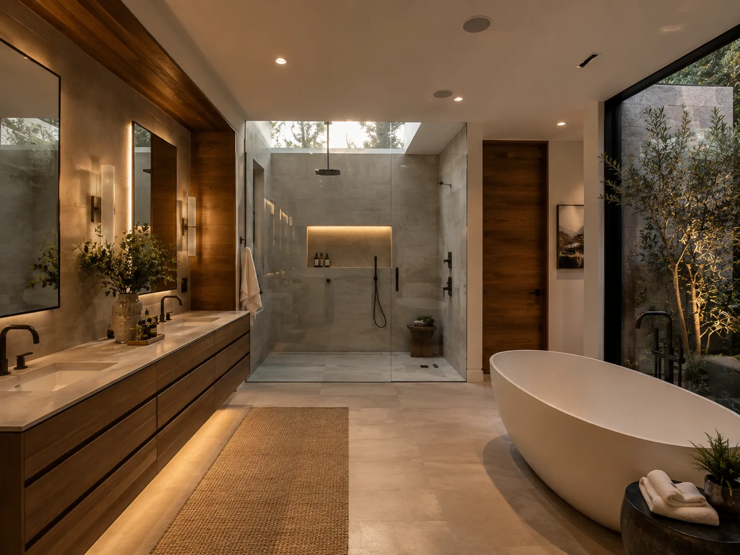 Spa bathroom with freestanding tub, skylight and garden window