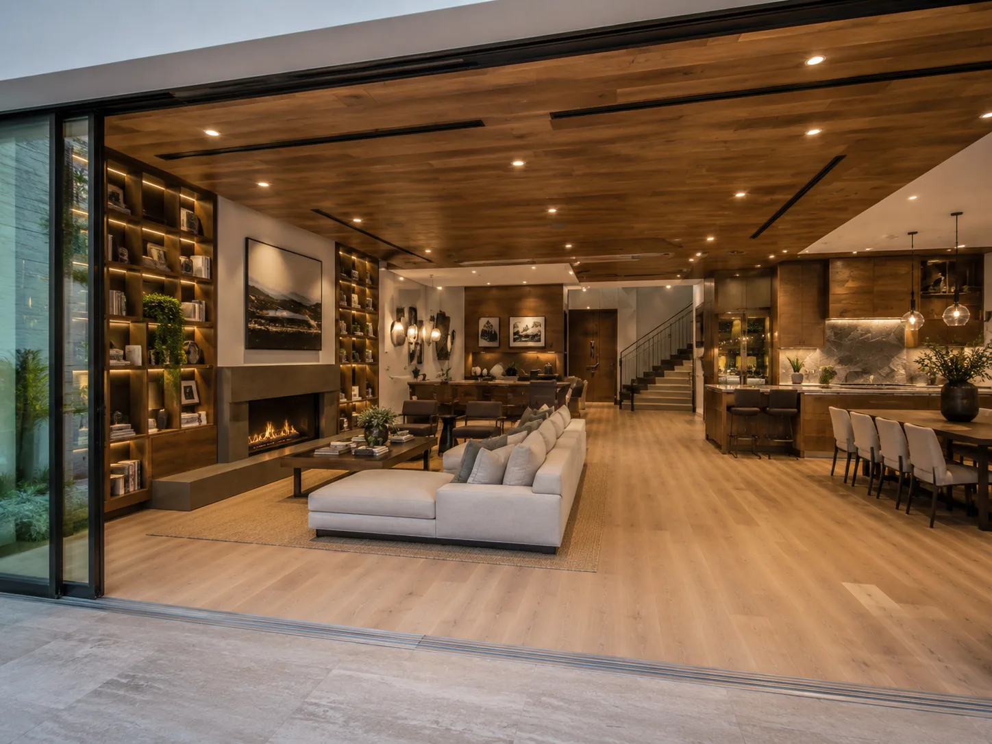Great room with fireplace, built-in shelving and wide oak floors