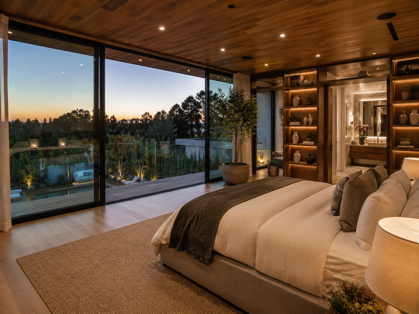Primary bedroom with wood ceiling facing the sunset