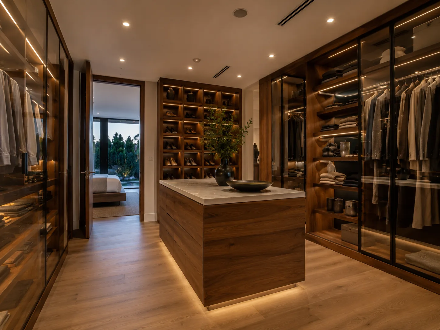 Walk-in walnut closet with glass wardrobes and island