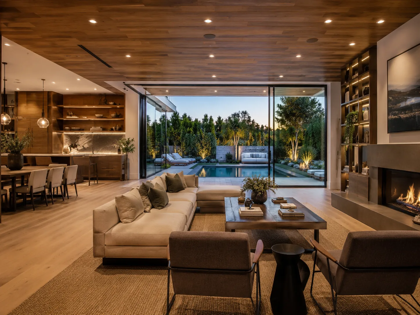 Living room opening fully to the backyard and pool