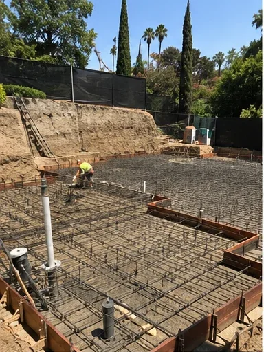 Excavation and rebar mat prepared for a foundation pour